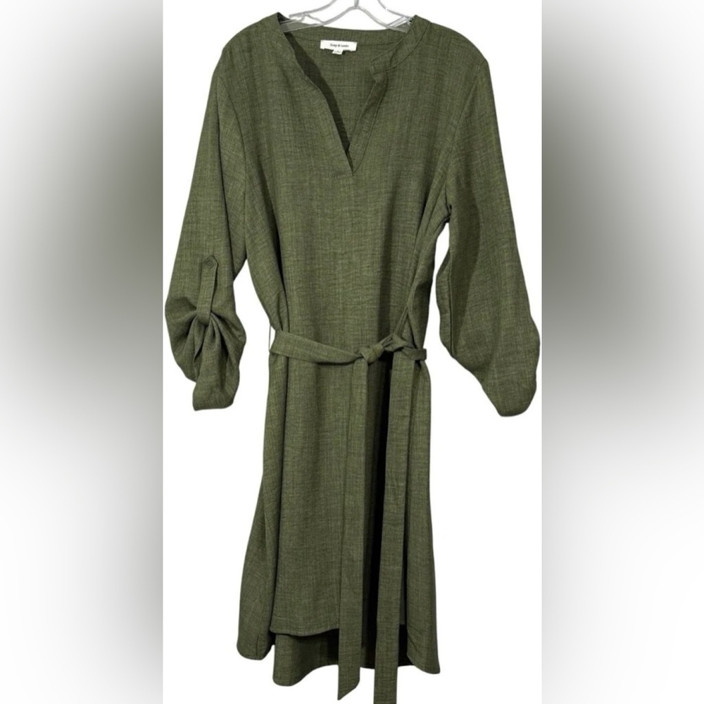 V-Neck Wrap Midi Dress with Tie Belt in Olive Green - Picture 3 of 9